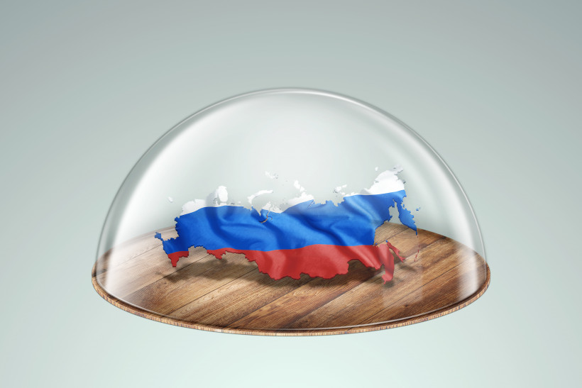 russia map russia flag under a glass dome isolation embargo iron curtain sanctions 3d illustration 3d rendering